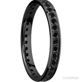 3 mm wide/Flat/Zirconium band with an Eternity arrangement of 03 carat Round Black Diamond stones in a Bead setting